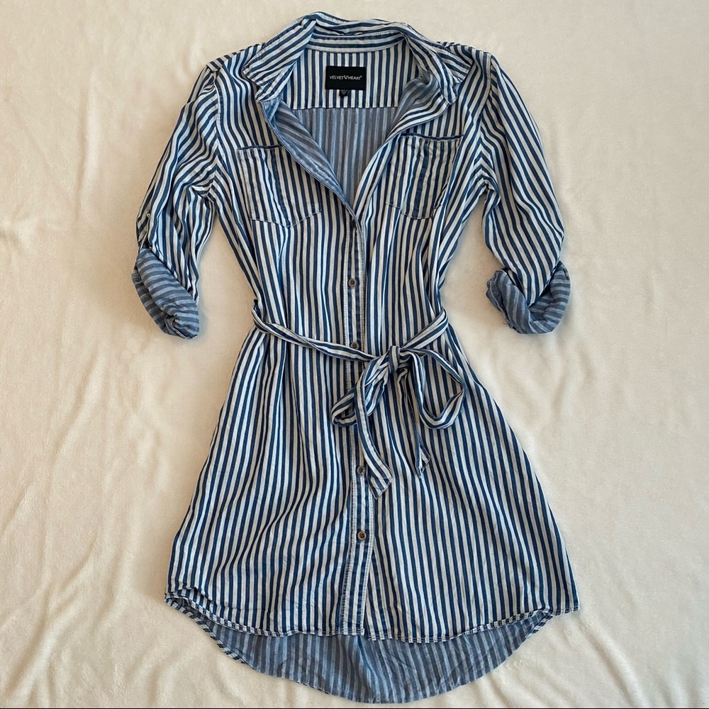Velvet Heart Navy and White Striped High-Low Shirt Dress